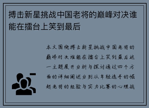 搏击新星挑战中国老将的巅峰对决谁能在擂台上笑到最后